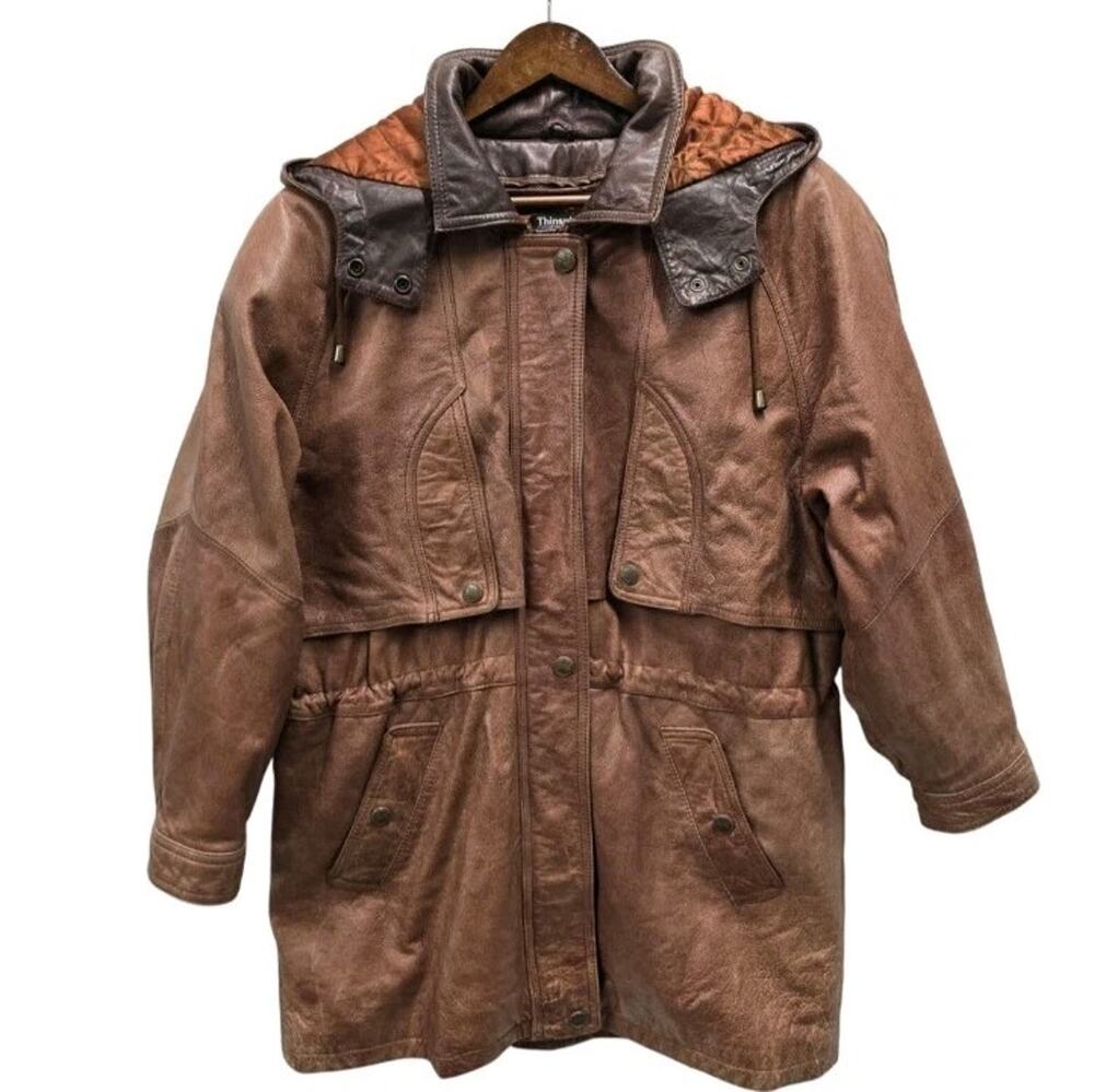 Vtg Wilsons Adventure Bound Leather Parka Jacket Hooded Thinsulate Brown Men L